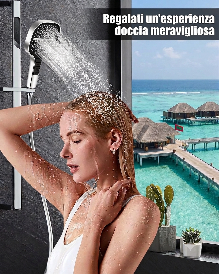 Soffione Doccia Ad Alta Pressione Quadrato Cromato - 7 Funzioni Getto, Risparmio Idrico Universale Con Tubo 1,5 M